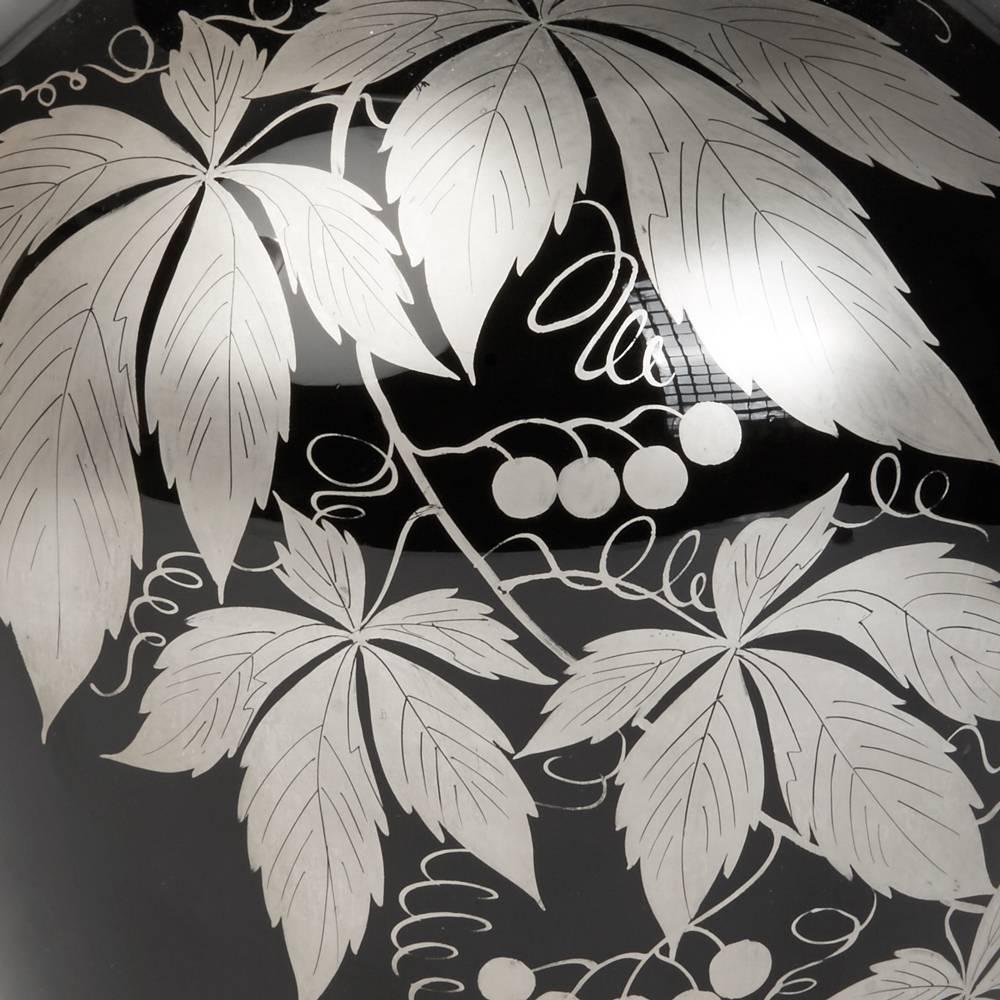 Art Deco Italian Murano Silver Overlay Black Glass Vase, circa 1930 2
