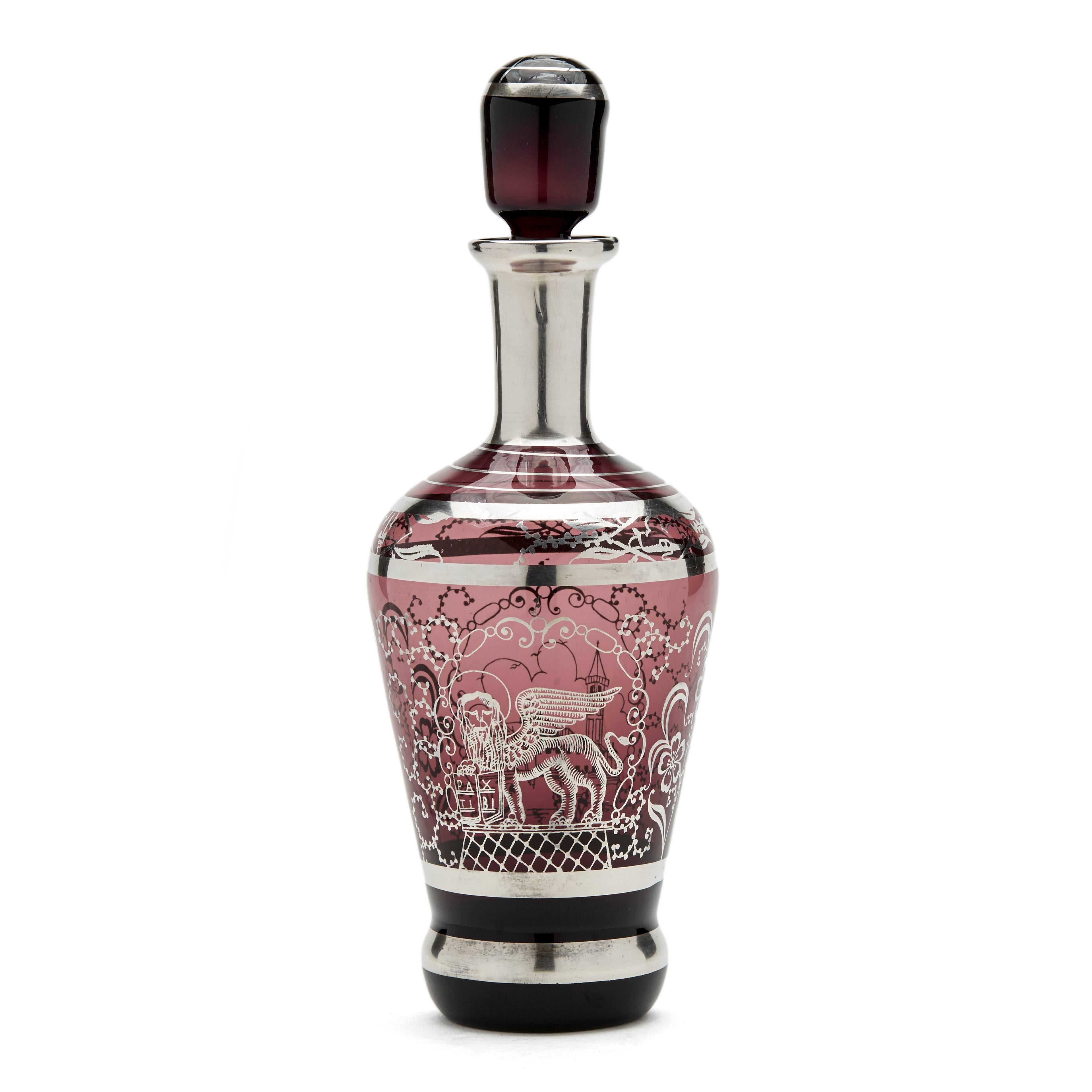 A fine vintage Venetian, Murano amethyst glass liquor decanter and stopper with six matching glasses. Each applied with a fine quality silver overlay with an official building next to a canal with a traditional Venetian gondola in the foreground and