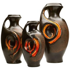 Vintage Trio Walter Gerhards German Lava Glazed Vases, circa 1960