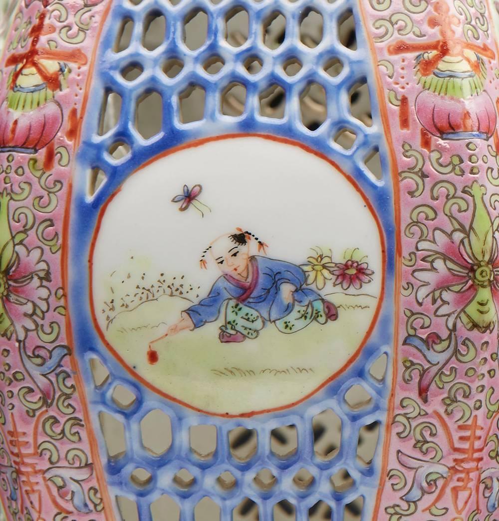 Vintage Pair Chinese Famille Rose Porcelain Lanterns, 19th to 20th Century 3