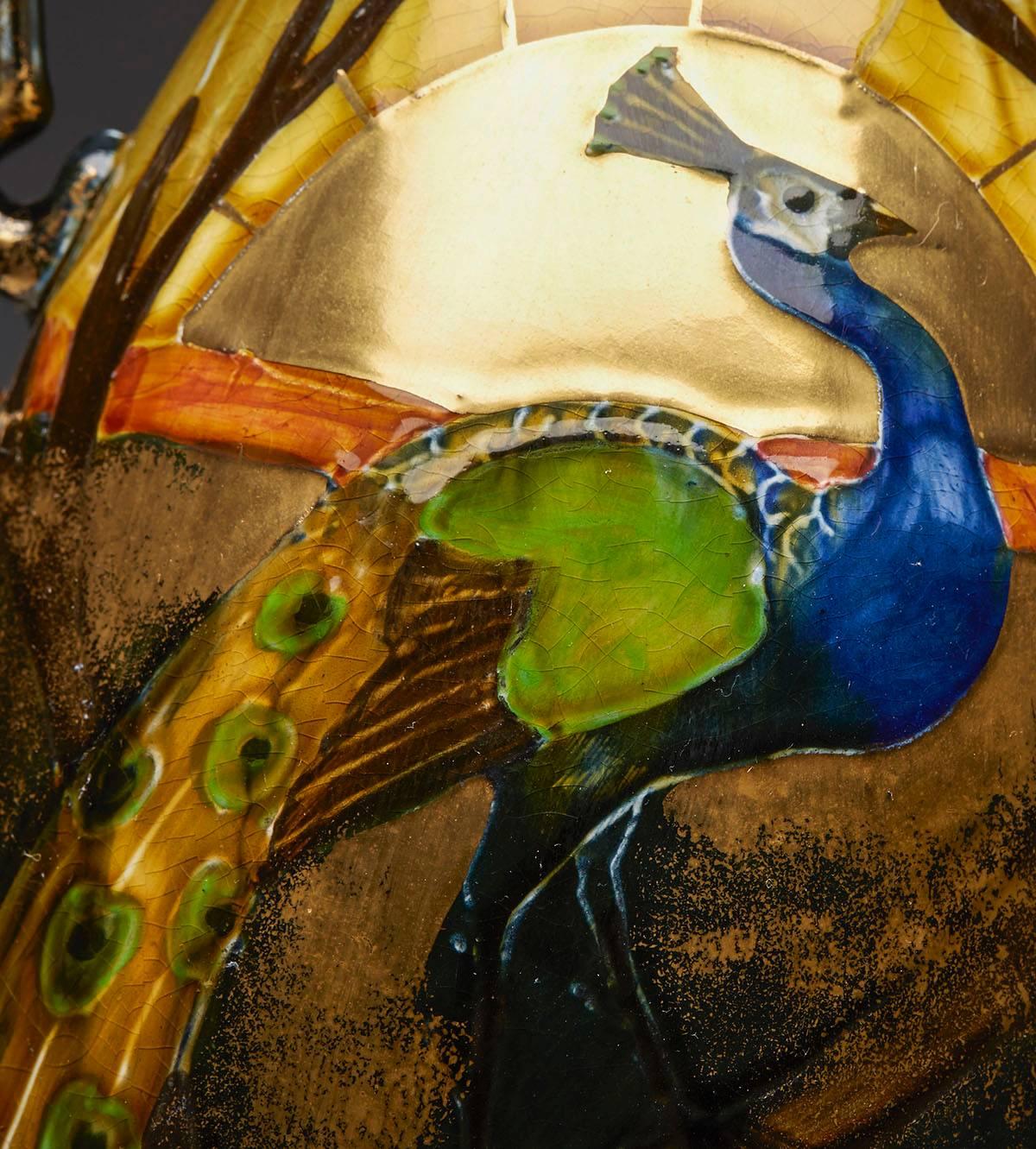 English Art Nouveau Thomas Forester Peacock Vase, circa 1890