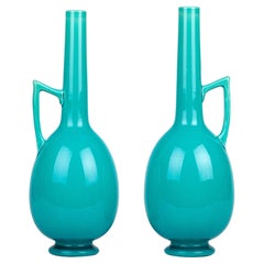 Burmantofts Pair Turquoise Glazed Ewer Shaped Art Pottery Vases