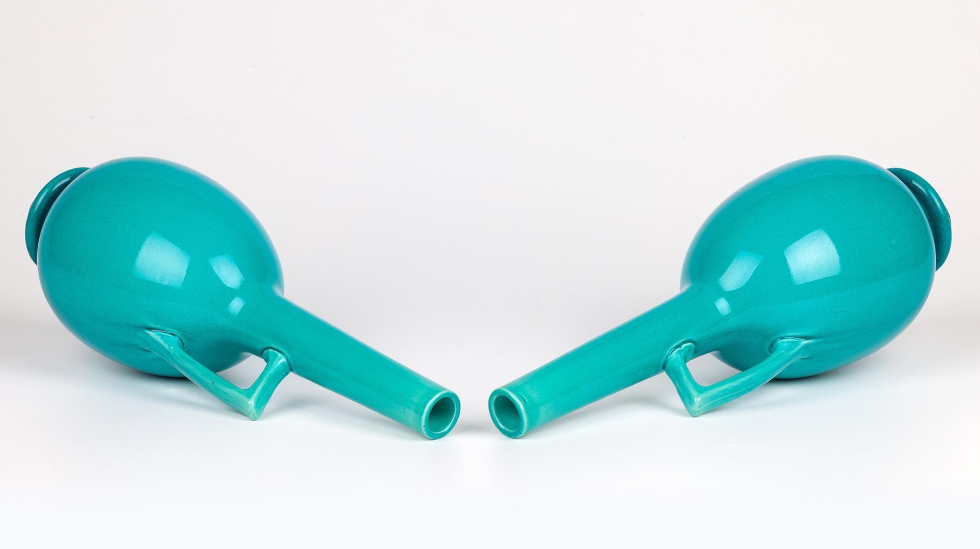 Earthenware Burmantofts Pair Turquoise Glazed Ewer Shaped Art Pottery Vases For Sale