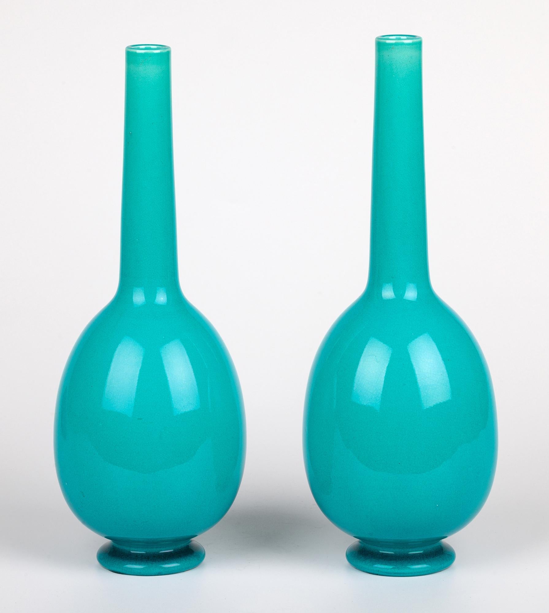 Burmantofts Pair Turquoise Glazed Ewer Shaped Art Pottery Vases For Sale 1