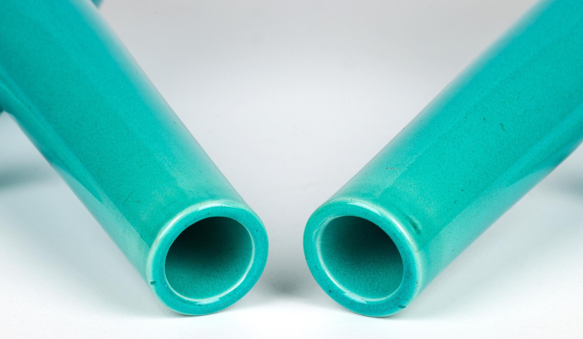 Burmantofts Pair Turquoise Glazed Ewer Shaped Art Pottery Vases For Sale 2