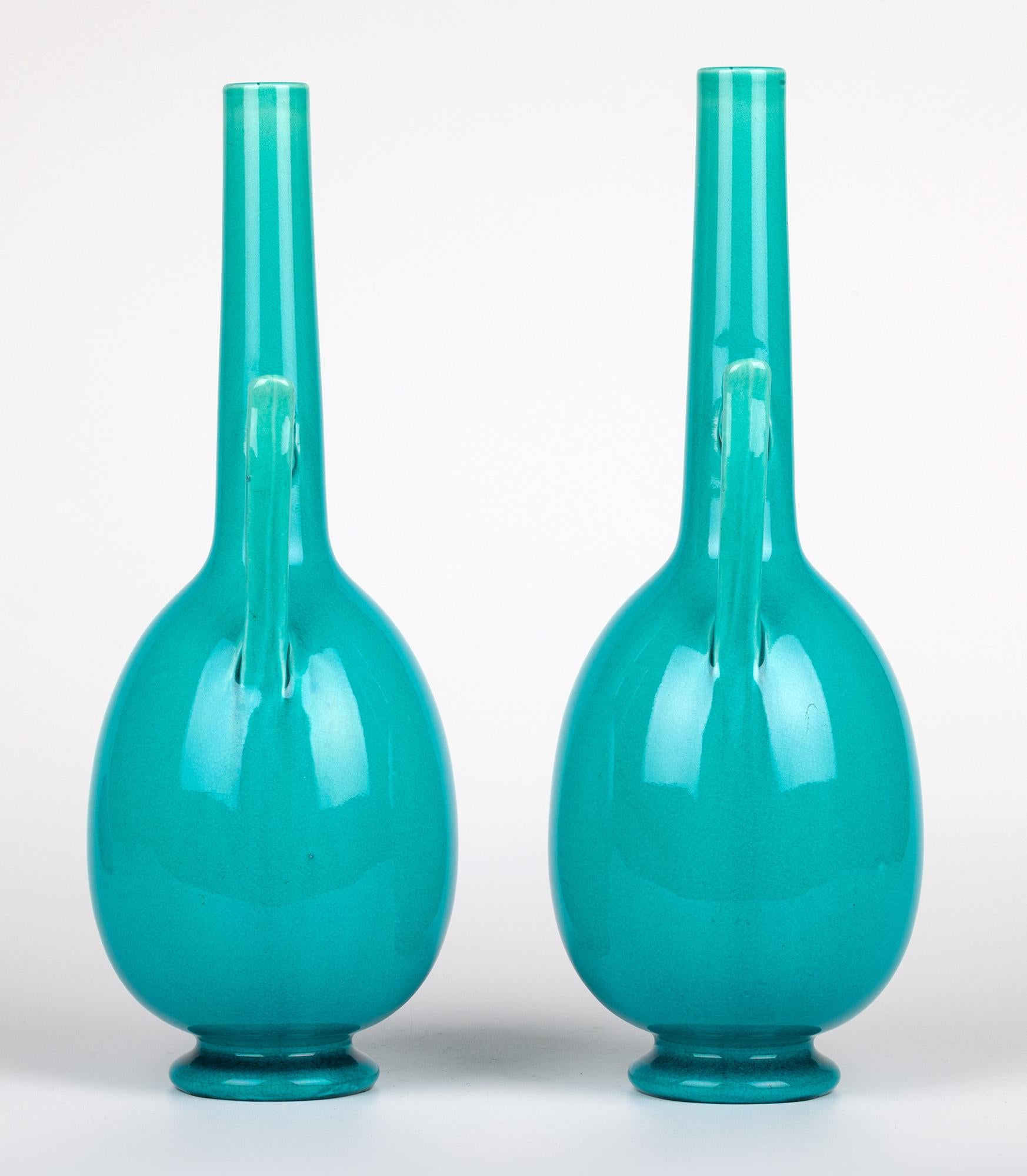 Burmantofts Pair Turquoise Glazed Ewer Shaped Art Pottery Vases For Sale 7