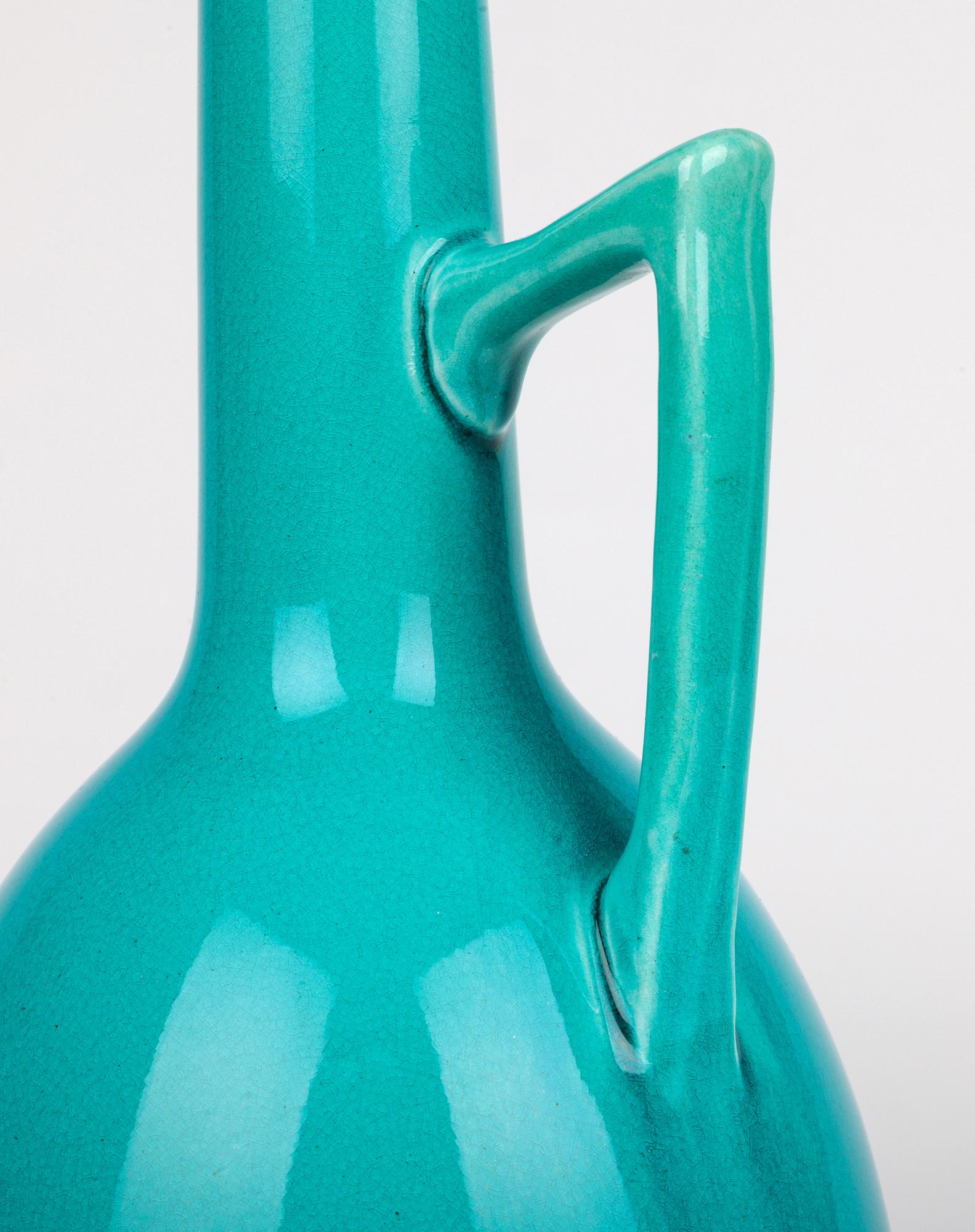 Burmantofts Pair Turquoise Glazed Ewer Shaped Art Pottery Vases For Sale 6
