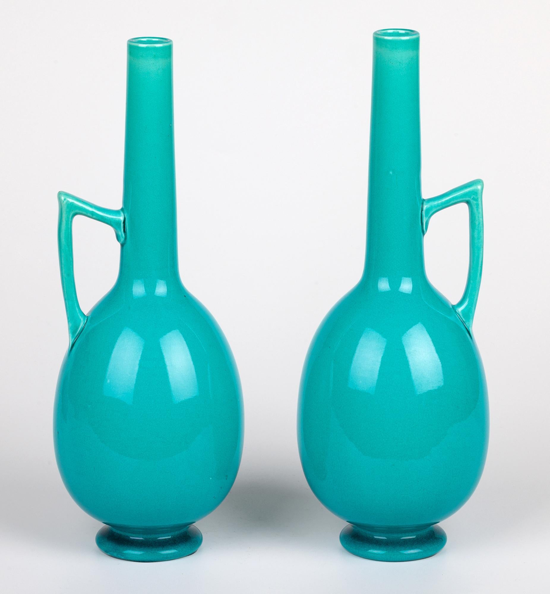 Burmantofts Pair Turquoise Glazed Ewer Shaped Art Pottery Vases For Sale 9