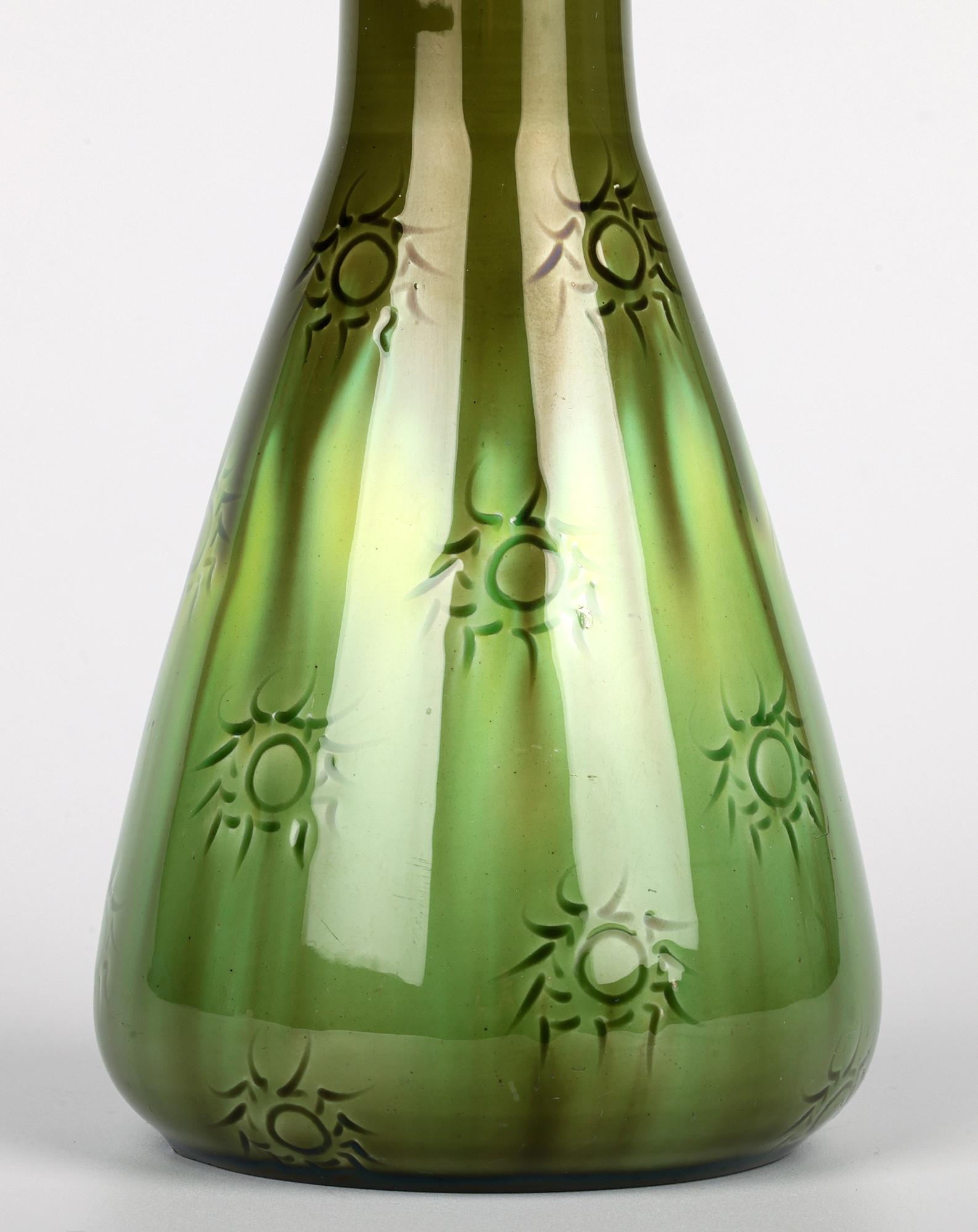 Arts and Crafts Burmantofts Rare Sunburst Pattern Flask Shaped Green Art Pottery Vase For Sale