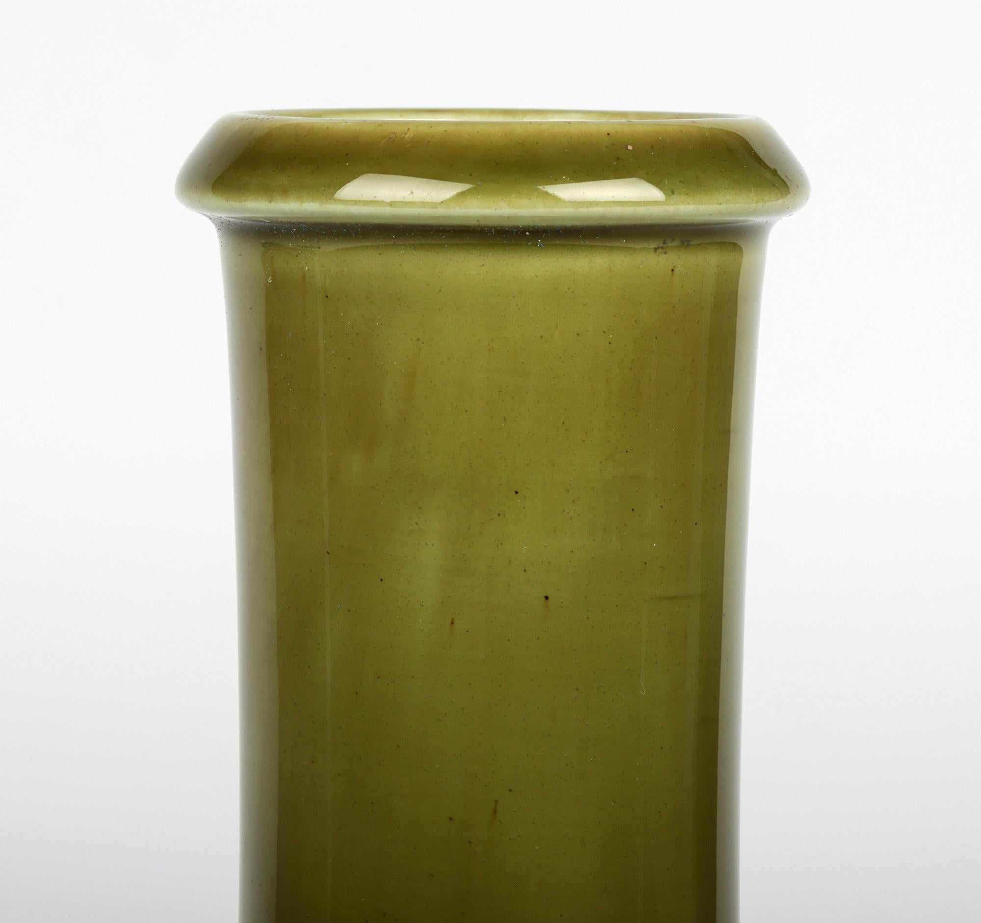 Glazed Burmantofts Rare Sunburst Pattern Flask Shaped Green Art Pottery Vase For Sale