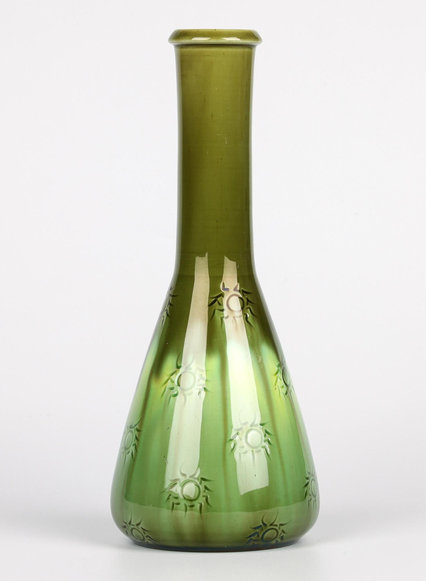 Burmantofts Rare Sunburst Pattern Flask Shaped Green Art Pottery Vase For Sale 8