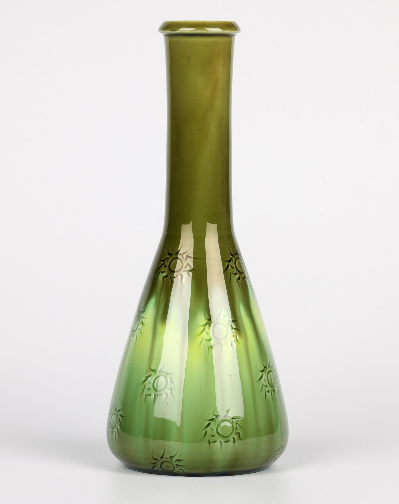Burmantofts Rare Sunburst Pattern Flask Shaped Green Art Pottery Vase For Sale 3