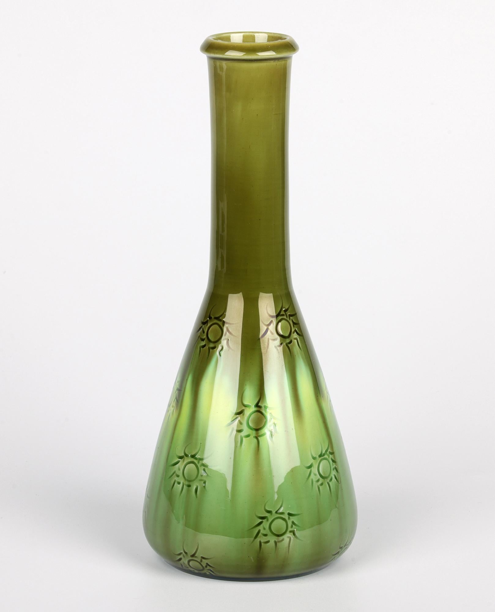 Earthenware Burmantofts Rare Sunburst Pattern Flask Shaped Green Art Pottery Vase For Sale