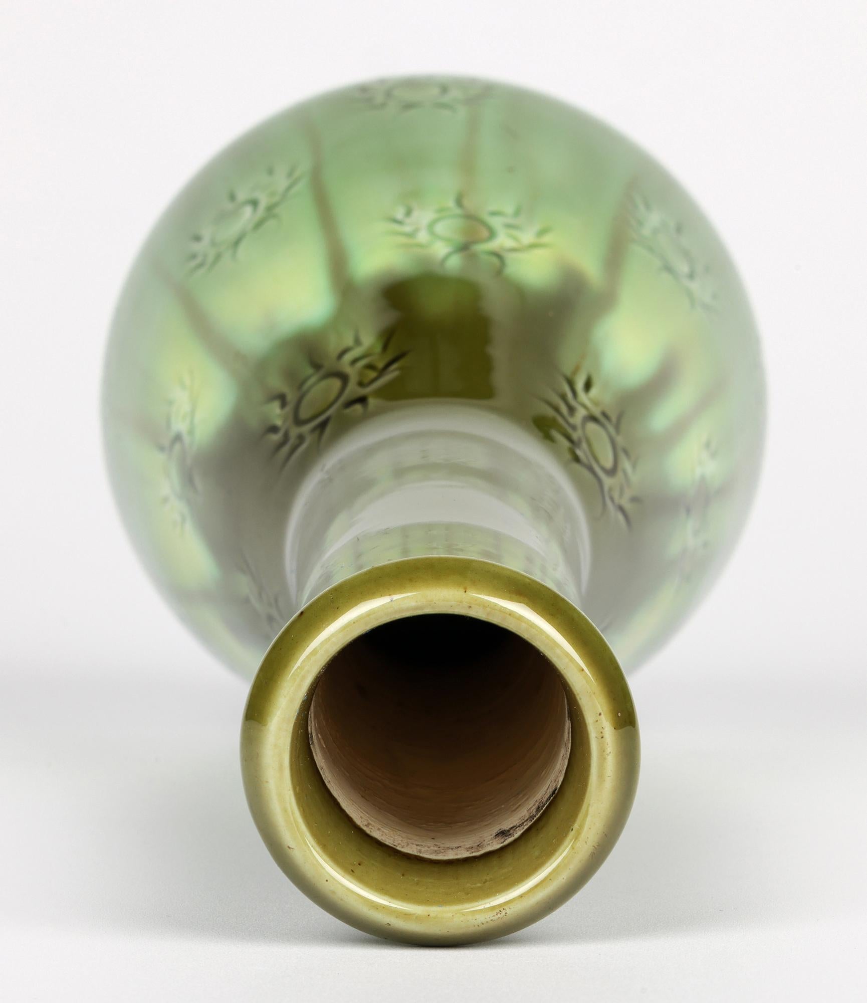 Burmantofts Rare Sunburst Pattern Flask Shaped Green Art Pottery Vase For Sale 5