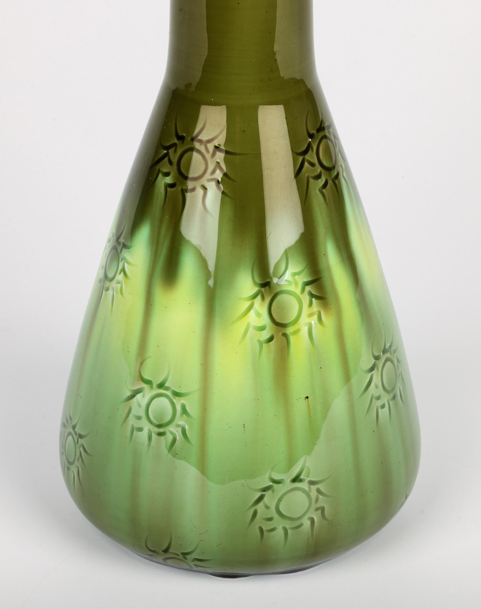 Burmantofts Rare Sunburst Pattern Flask Shaped Green Art Pottery Vase For Sale 6