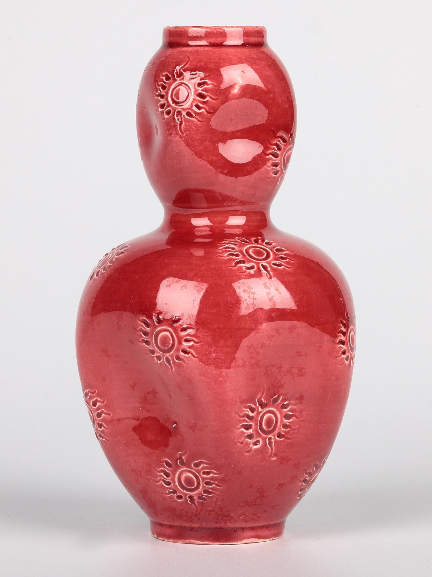 Late 19th Century Burmantofts Sunburst Pattern Red Glazed Double Gourd Art Pottery Vase For Sale