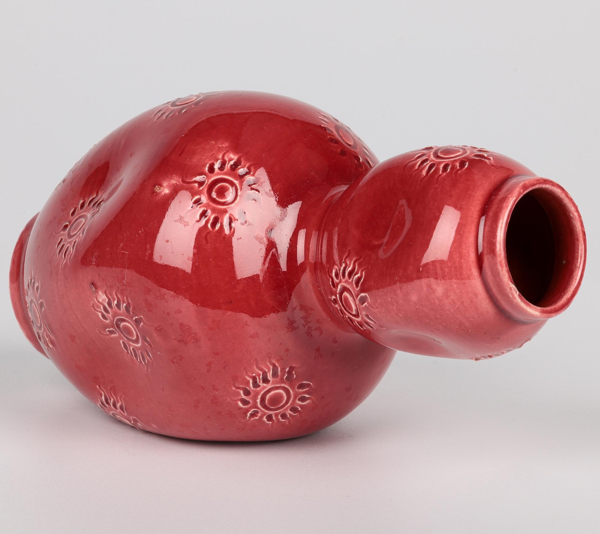 Earthenware Burmantofts Sunburst Pattern Red Glazed Double Gourd Art Pottery Vase For Sale