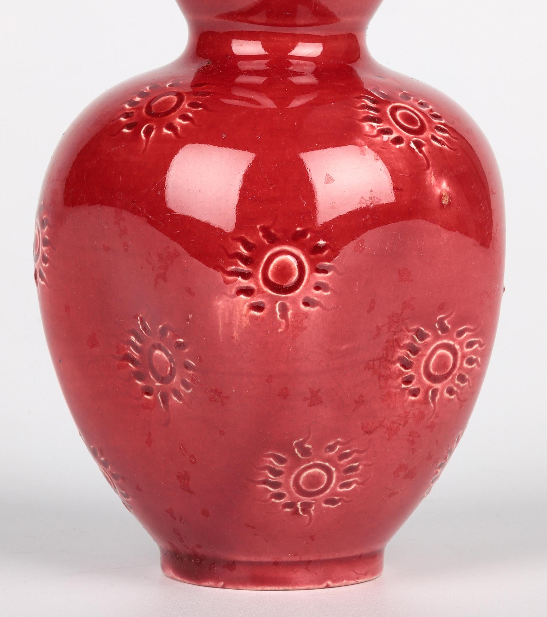 Arts and Crafts Burmantofts Sunburst Pattern Red Glazed Double Gourd Art Pottery Vase For Sale