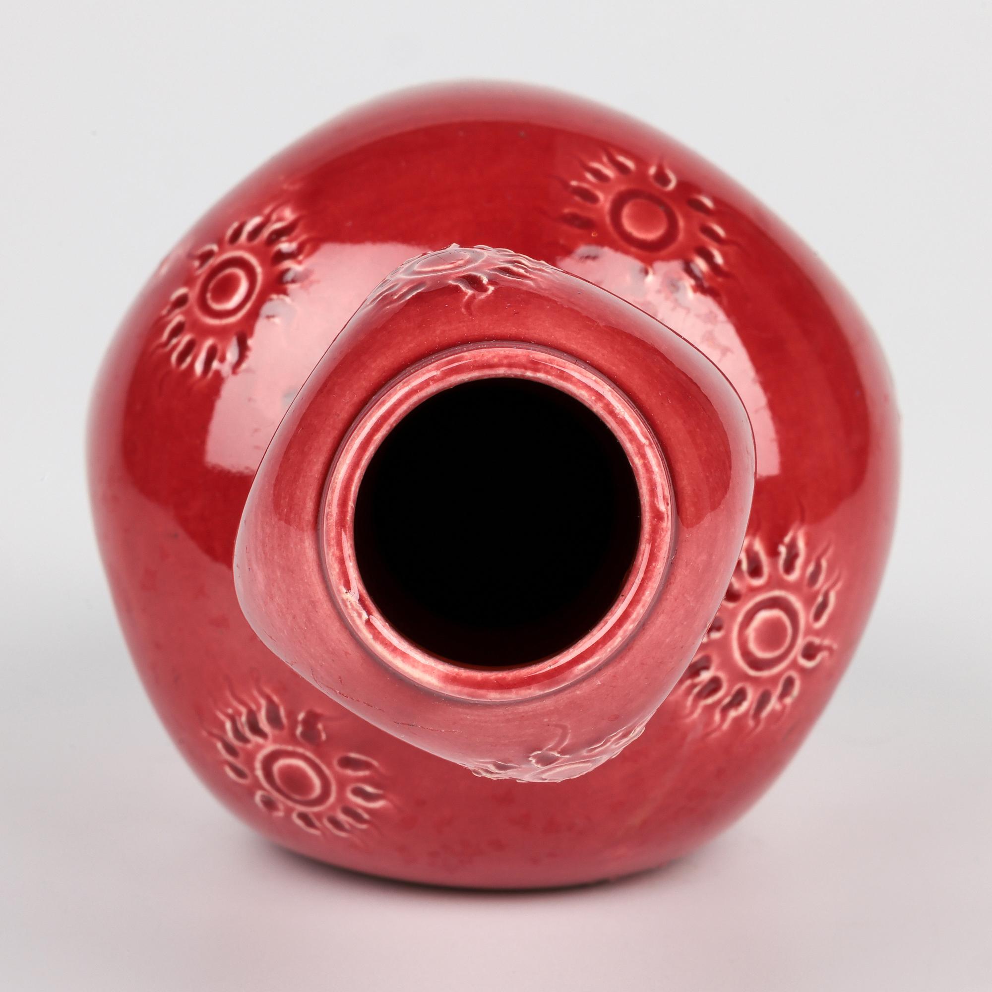 Burmantofts Sunburst Pattern Red Glazed Double Gourd Art Pottery Vase For Sale 6