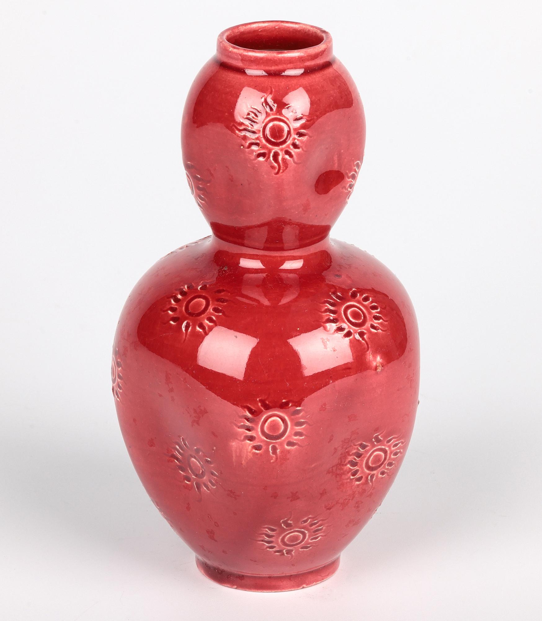 Burmantofts Sunburst Pattern Red Glazed Double Gourd Art Pottery Vase For Sale 1