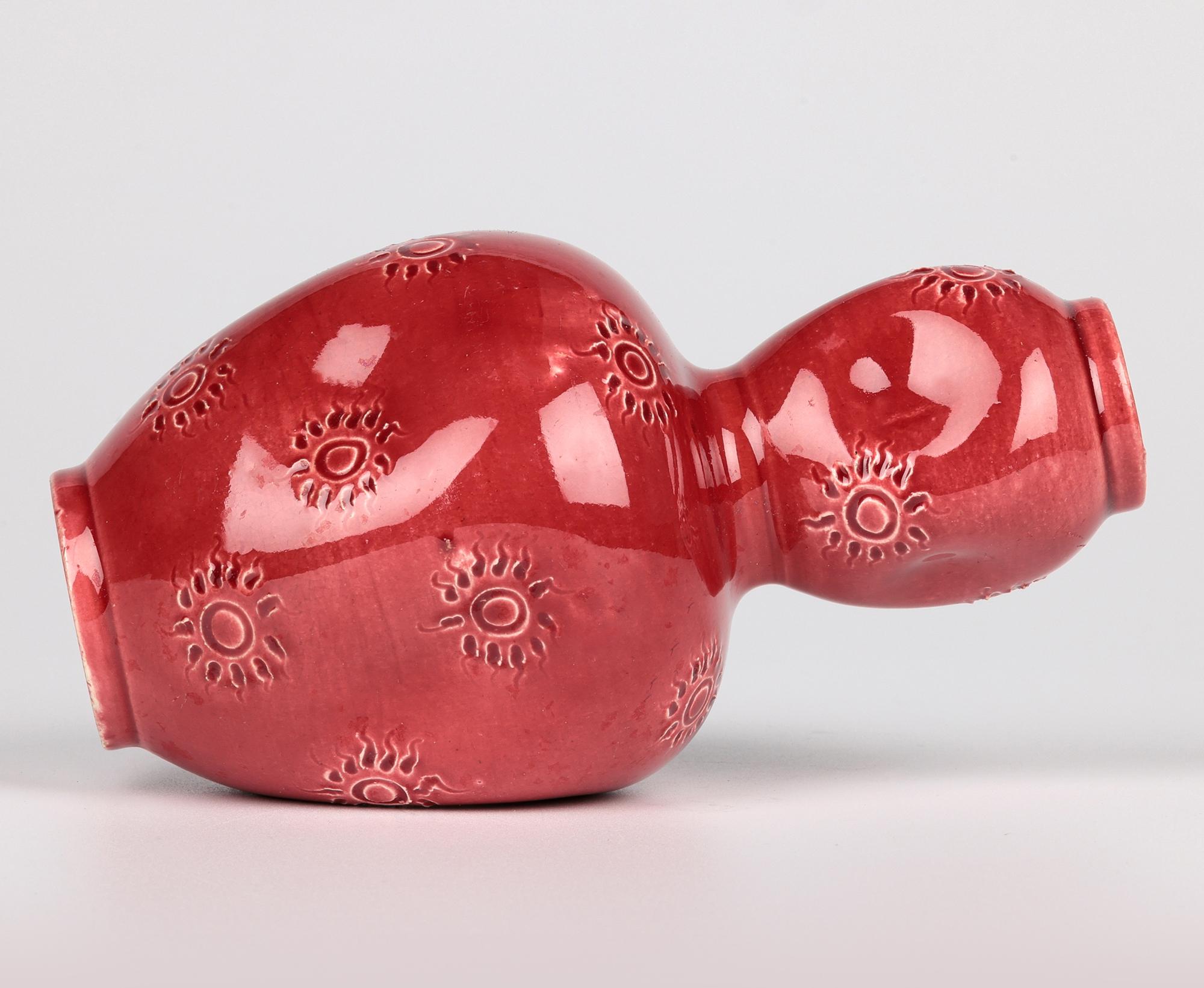 Burmantofts Sunburst Pattern Red Glazed Double Gourd Art Pottery Vase For Sale 3