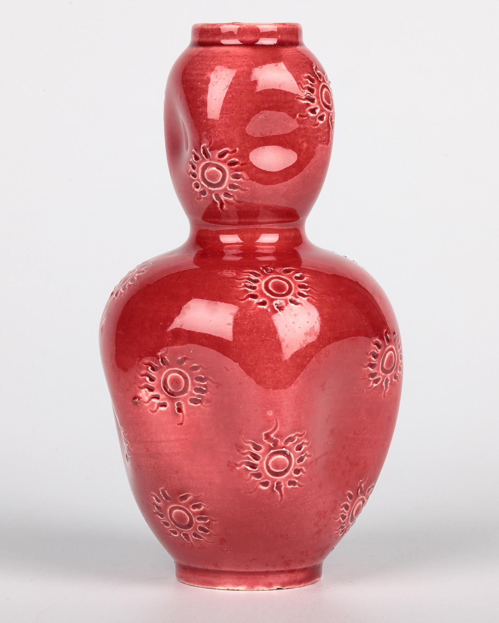 Burmantofts Sunburst Pattern Red Glazed Double Gourd Art Pottery Vase For Sale 4