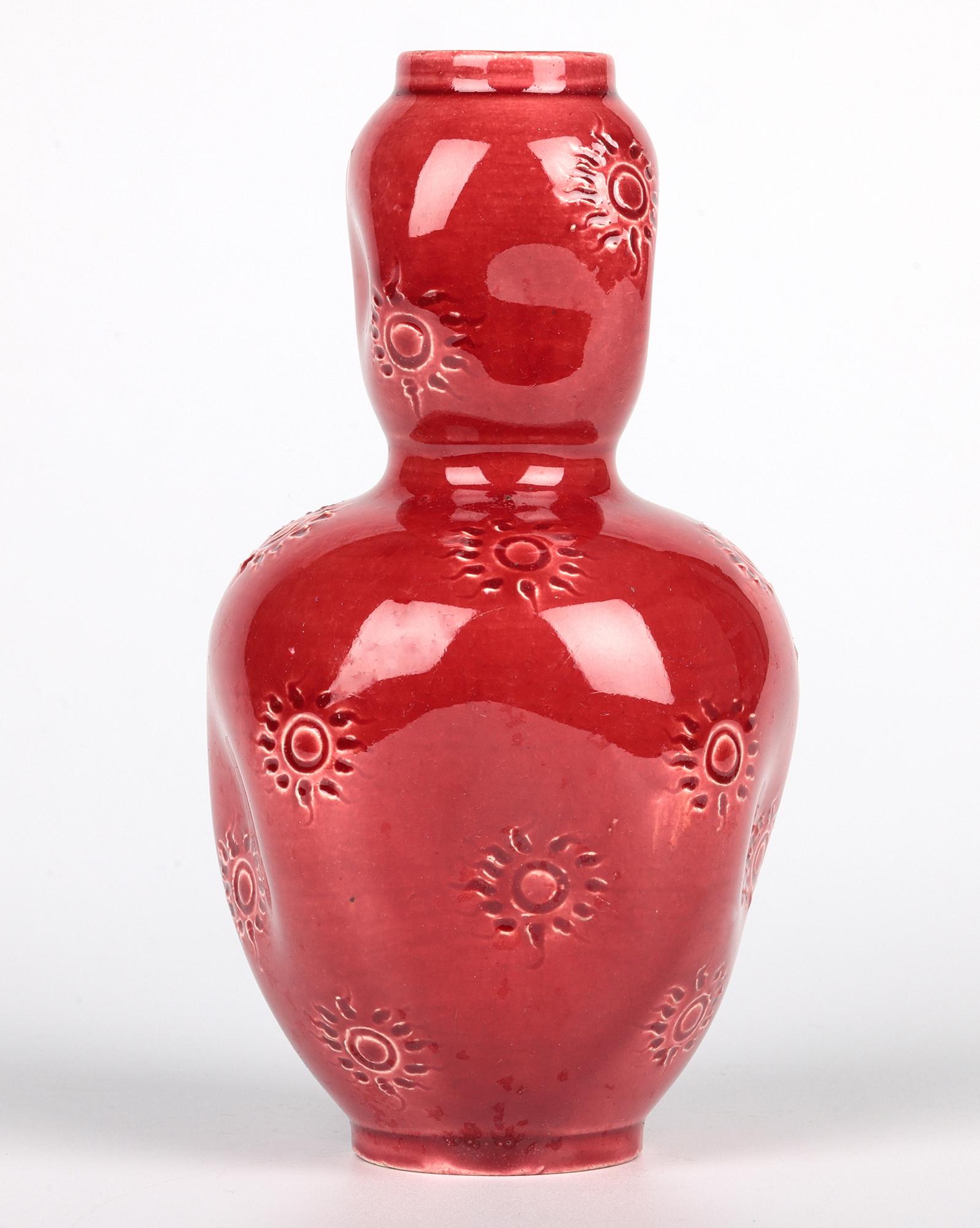Burmantofts Sunburst Pattern Red Glazed Double Gourd Art Pottery Vase For Sale 9