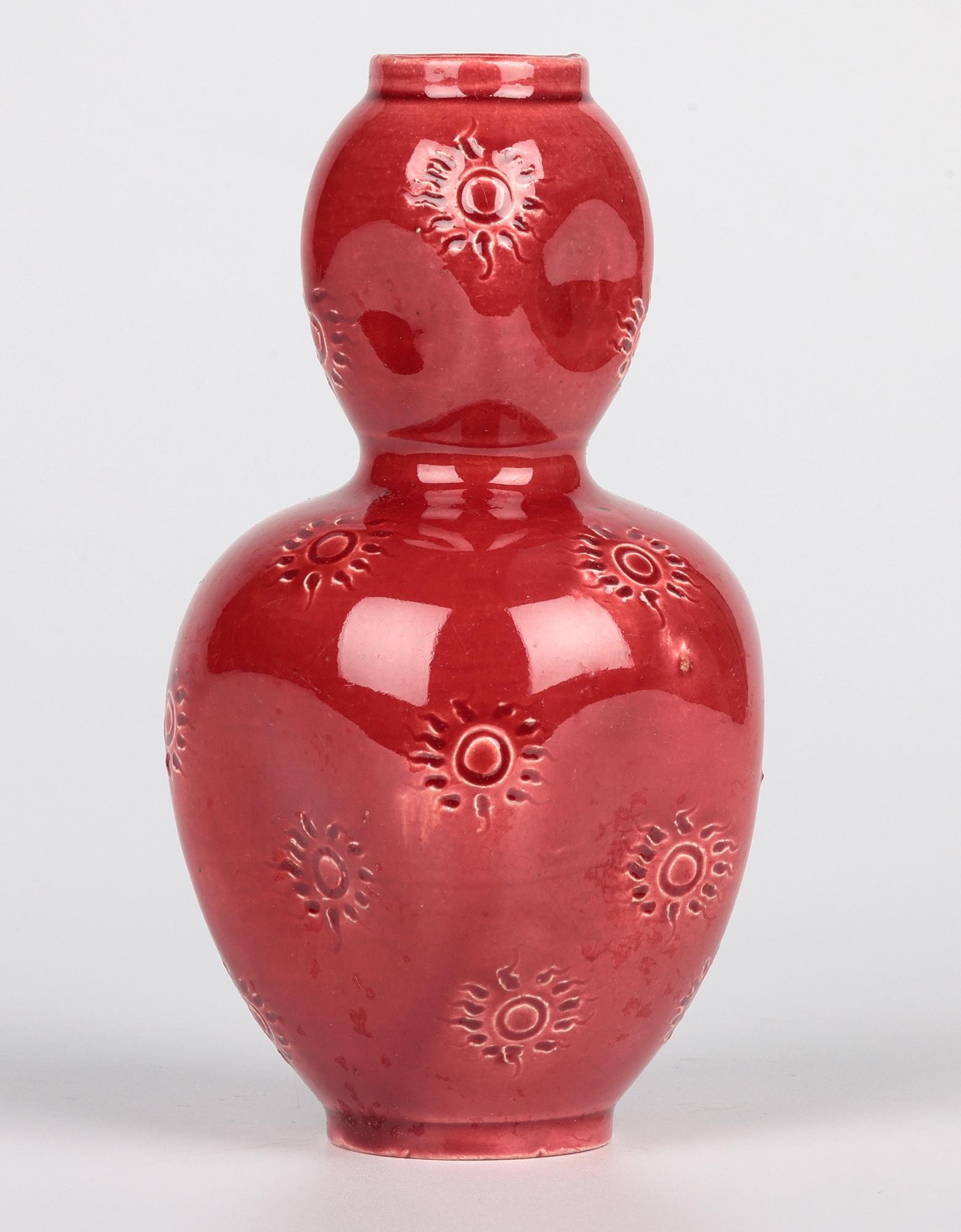 Burmantofts Sunburst Pattern Red Glazed Double Gourd Art Pottery Vase For Sale 10