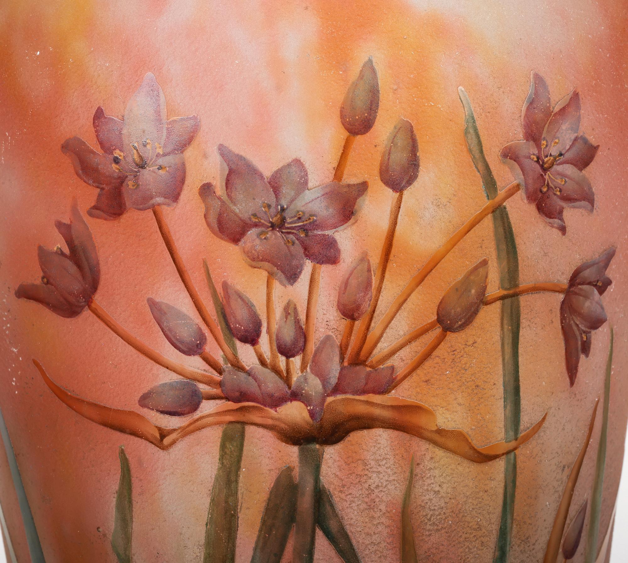 Exceptionnel et rare vase en verre camée Agapanthus/Flowering Rush de Daum Nancy, fabricant de verre renommé et recherché, datant d'environ 1900. Ce grand vase impressionnant repose sur un large pied rond en forme de piédestal, avec un corps en