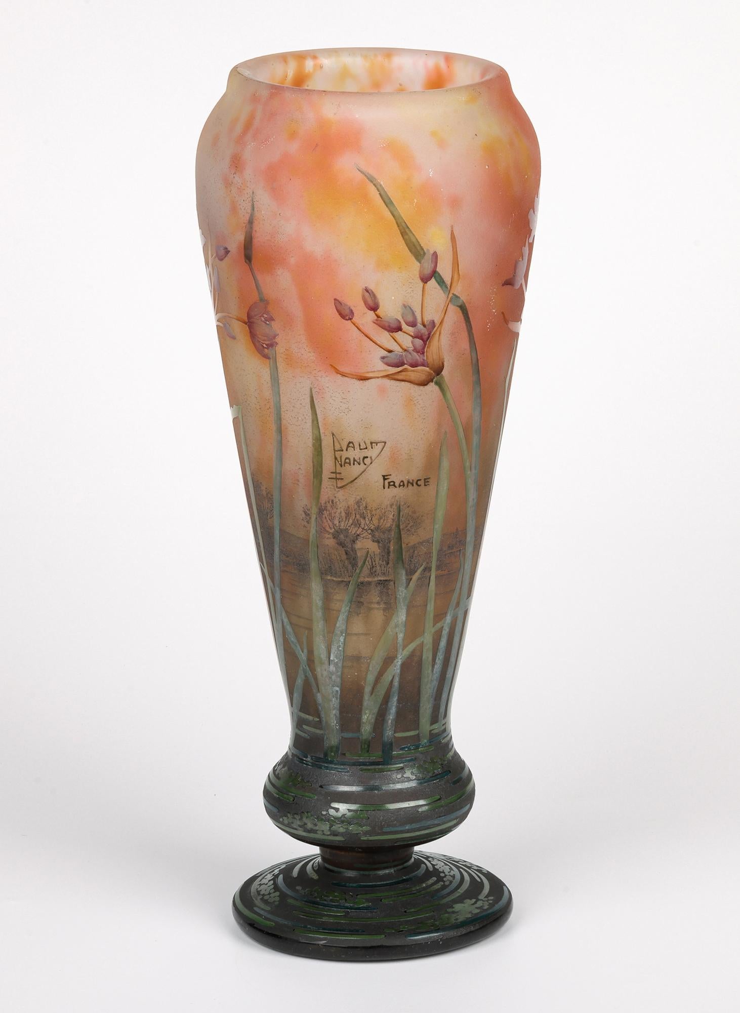 Verre brun Daum Grand Vase en verre d'art Art Nouveau Agapanthe Camée Gravé à l'Acide en vente