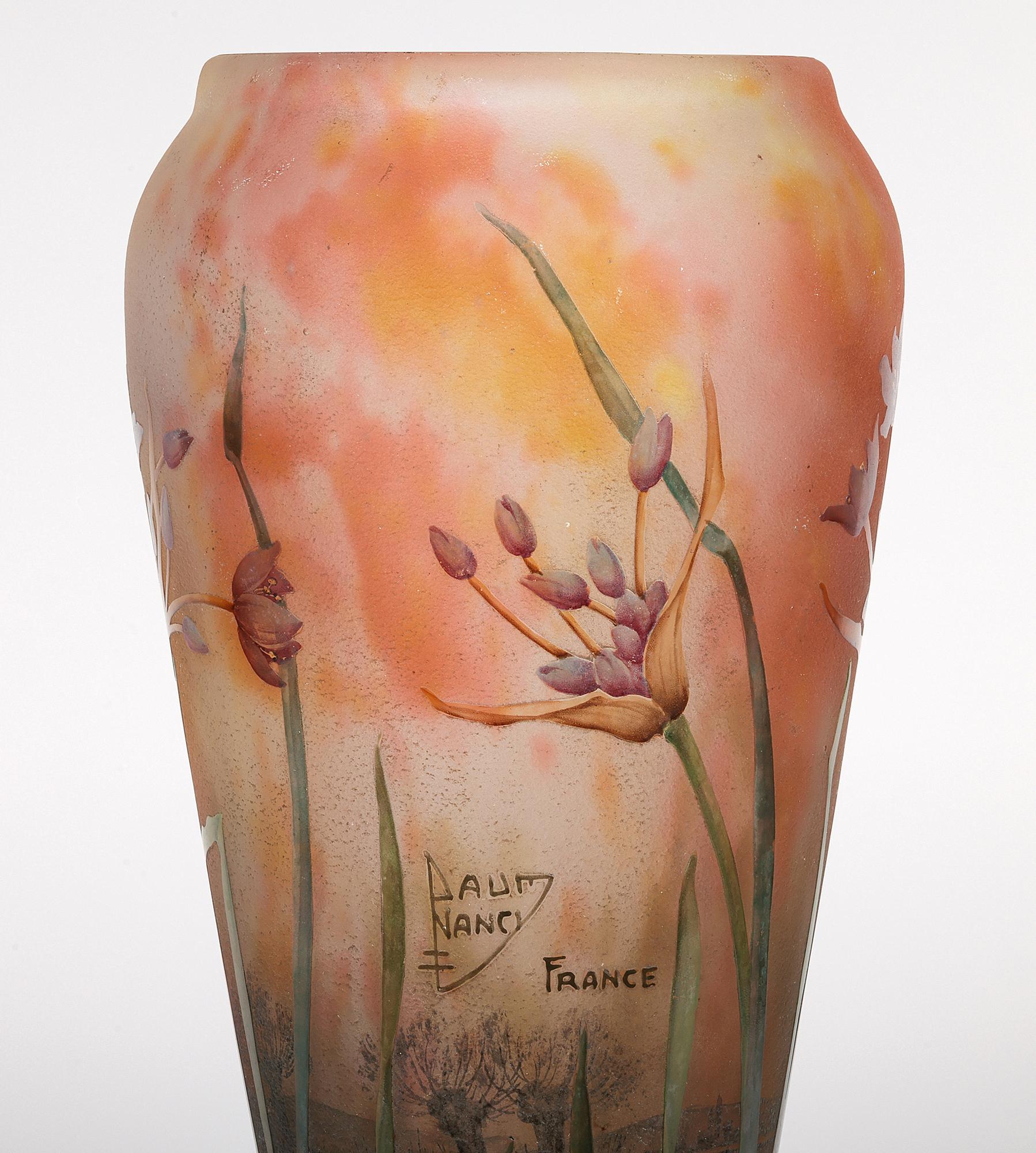 Daum Grand Vase en verre d'art Art Nouveau Agapanthe Camée Gravé à l'Acide en vente 7