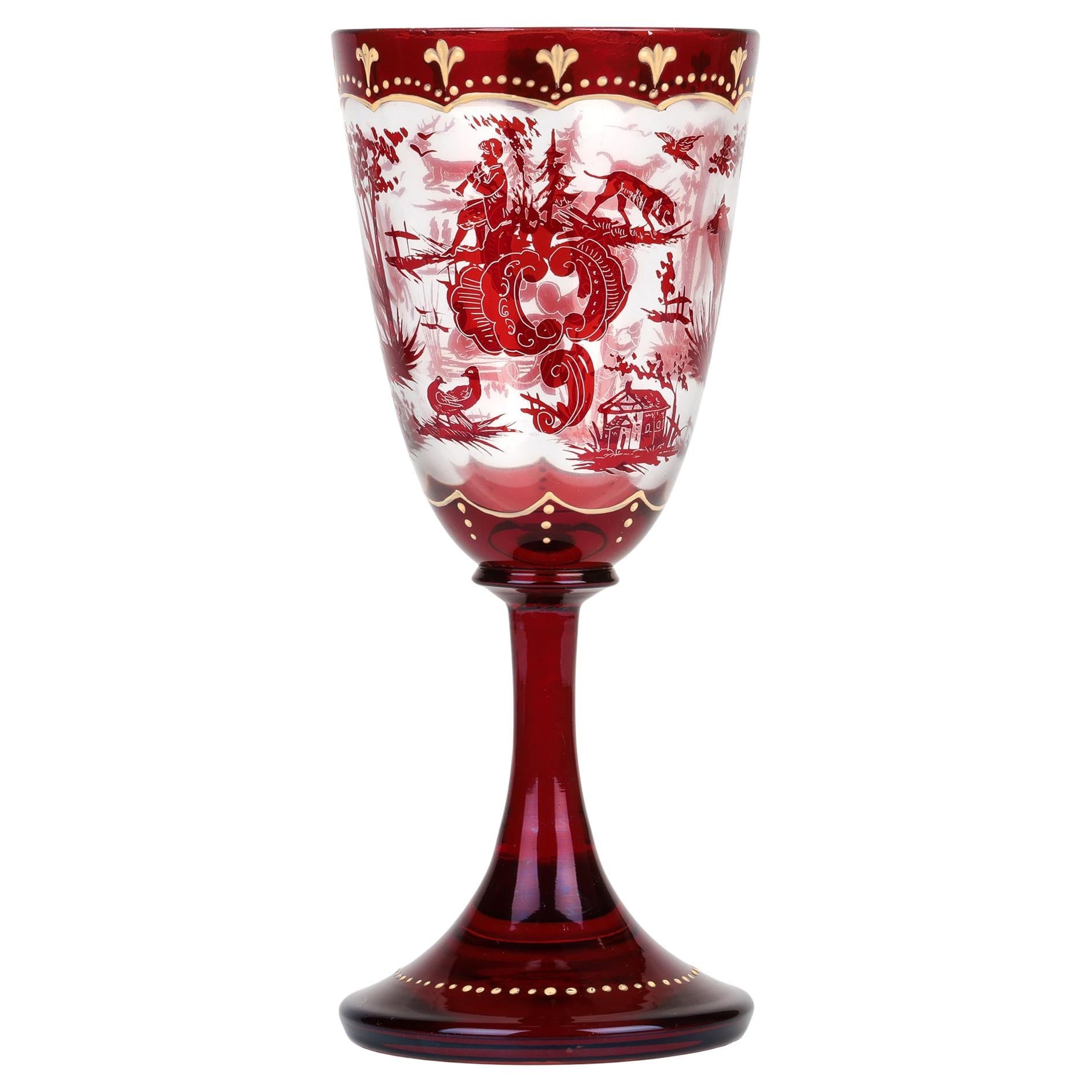 Carl Günther Bohemian Ruby Flash Glass Goblet with Hunting Scenes For Sale