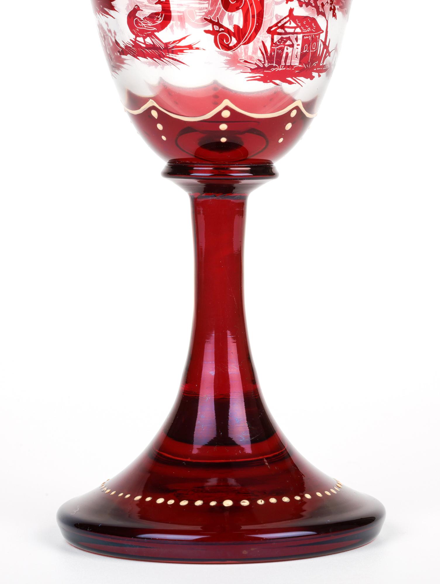 Czech Carl Günther Bohemian Ruby Flash Glass Goblet with Hunting Scenes For Sale