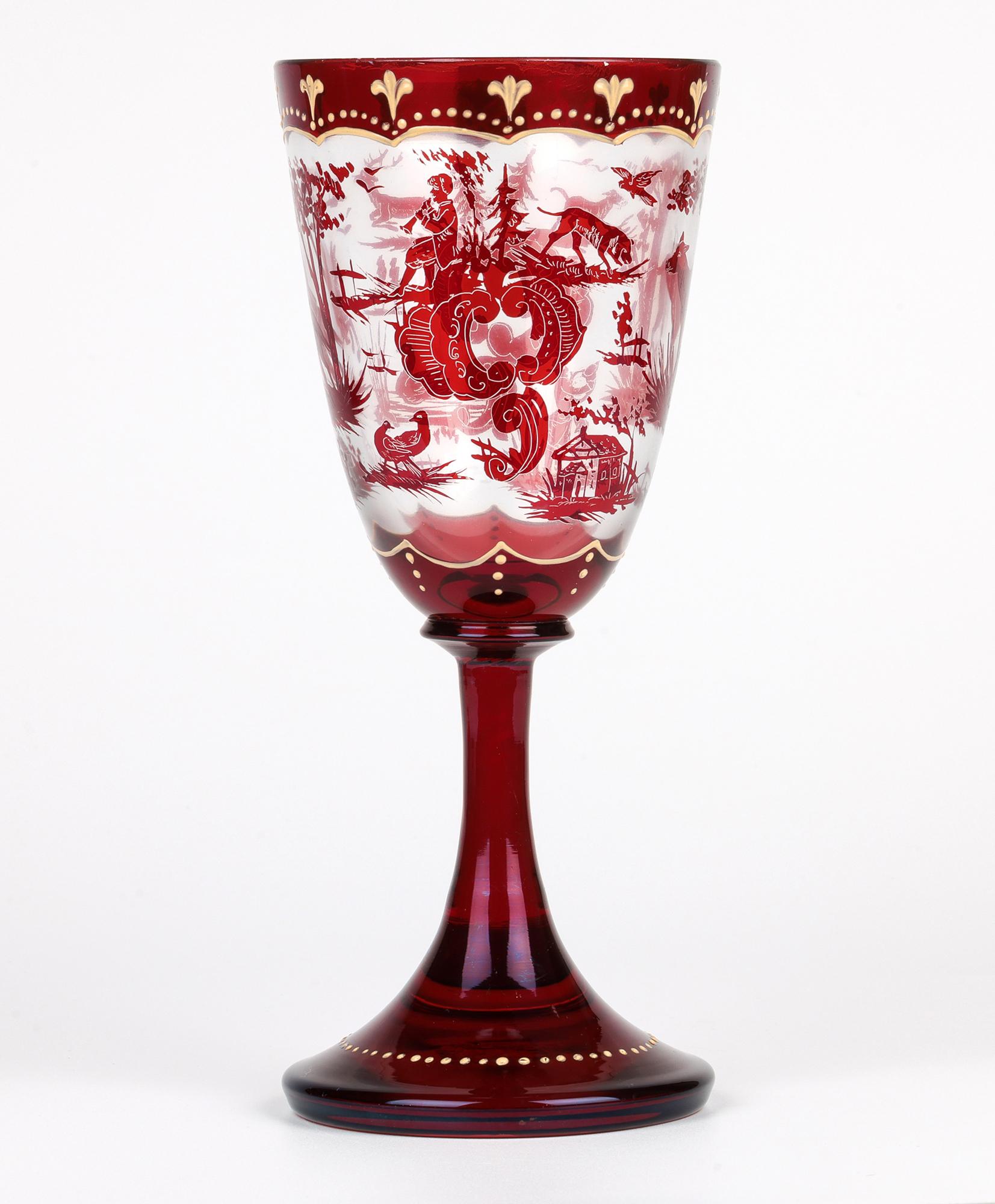 19th Century Carl Günther Bohemian Ruby Flash Glass Goblet with Hunting Scenes For Sale