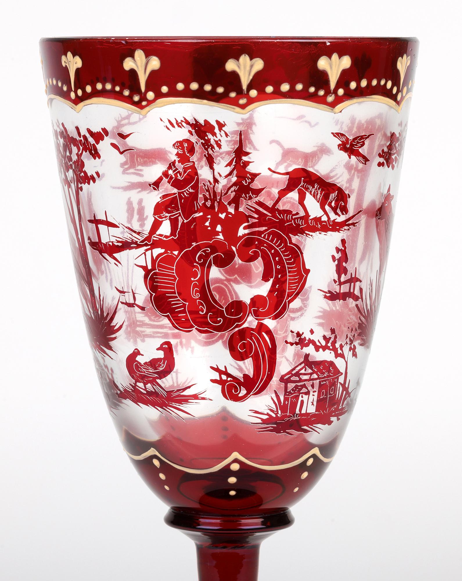 A stunning antique Bohemian ruby flash glass goblet finely decorated with various hunting scenes attributed to Carl Günther and dating between 1860 and 1880.

In their 1990 catalogue Glass of 5 Centuries, Glass Gallery Michael Kovacek presented a