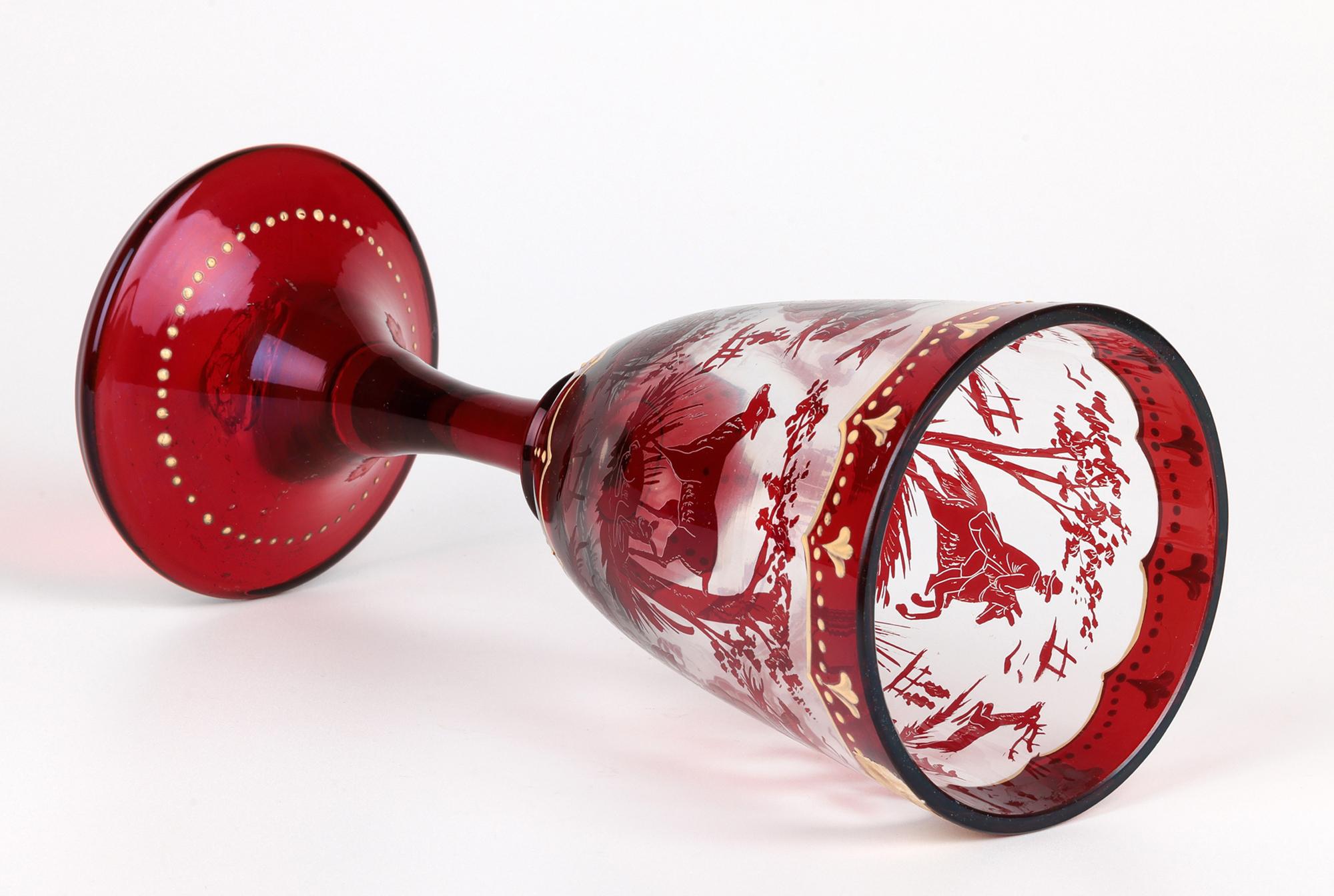 Blown Glass Carl Günther Bohemian Ruby Flash Glass Goblet with Hunting Scenes For Sale