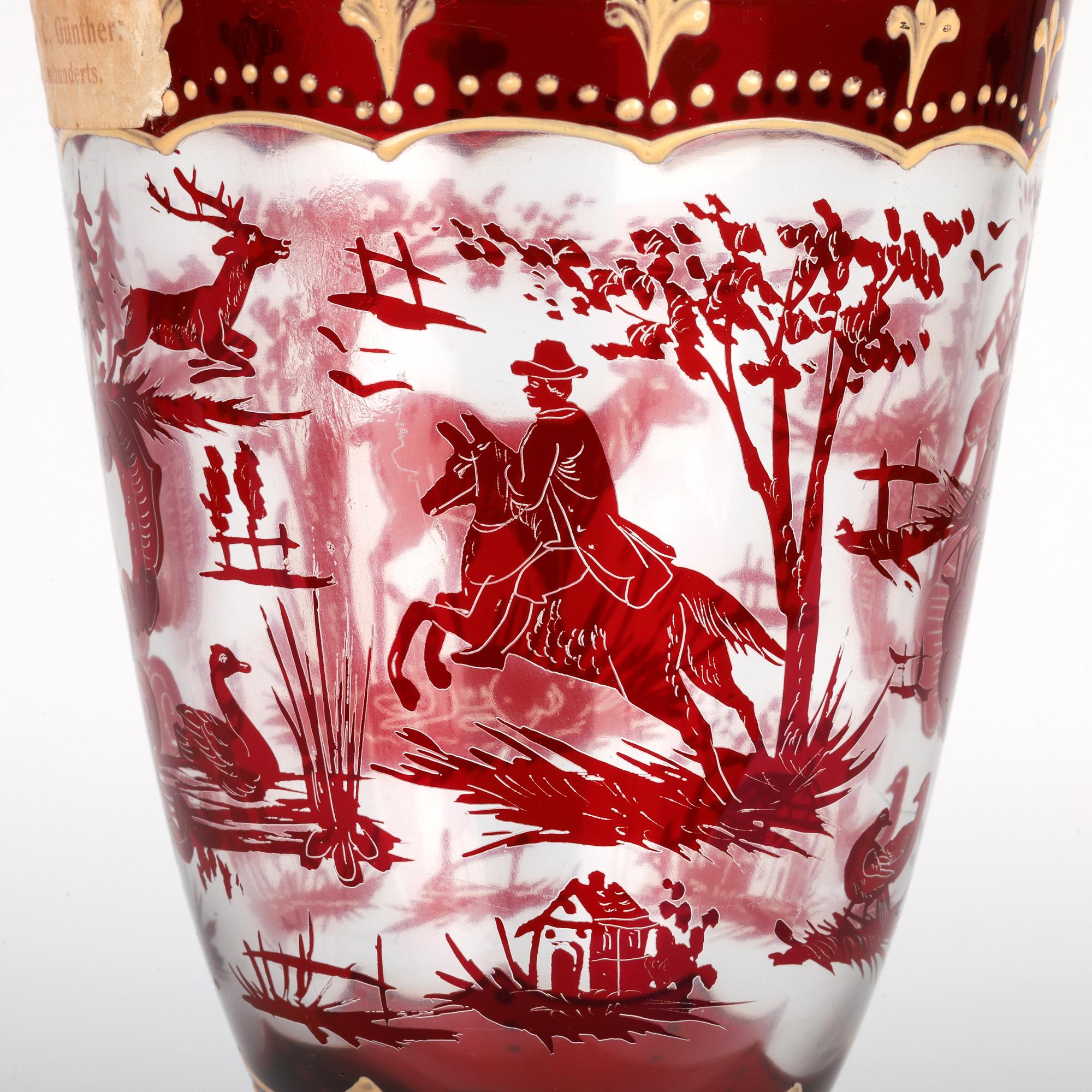 Hand-Crafted Carl Günther Bohemian Ruby Flash Glass Goblet with Hunting Scenes For Sale