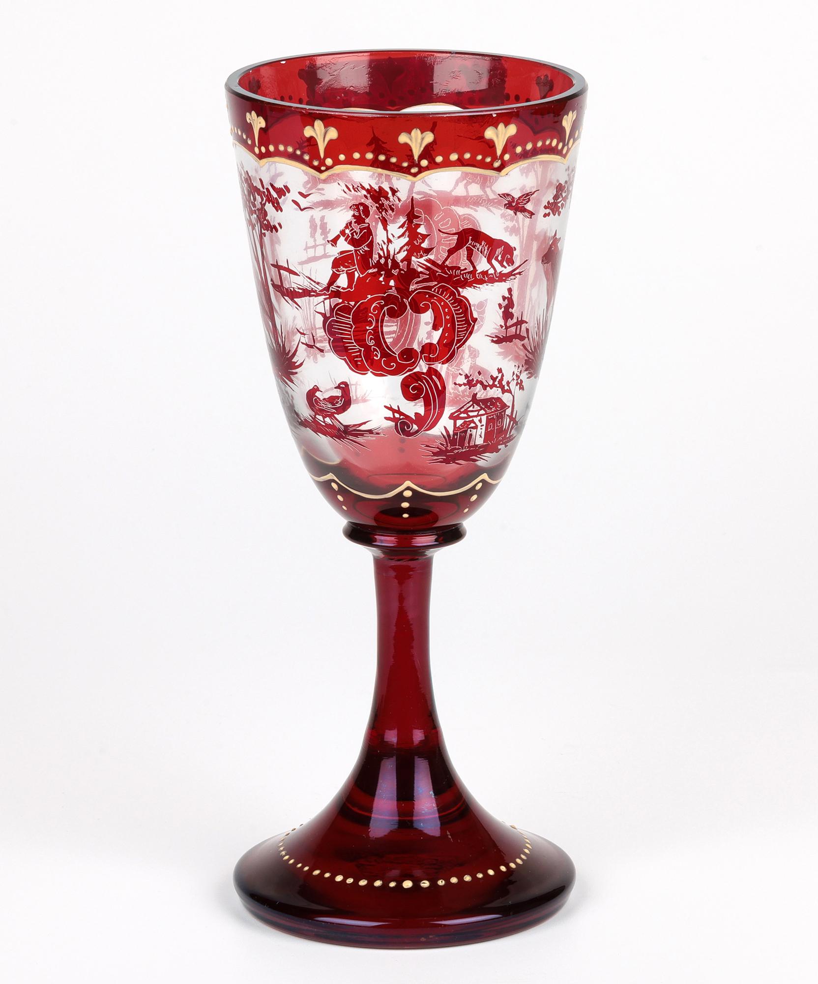Carl Günther Bohemian Ruby Flash Glass Goblet with Hunting Scenes For Sale 1