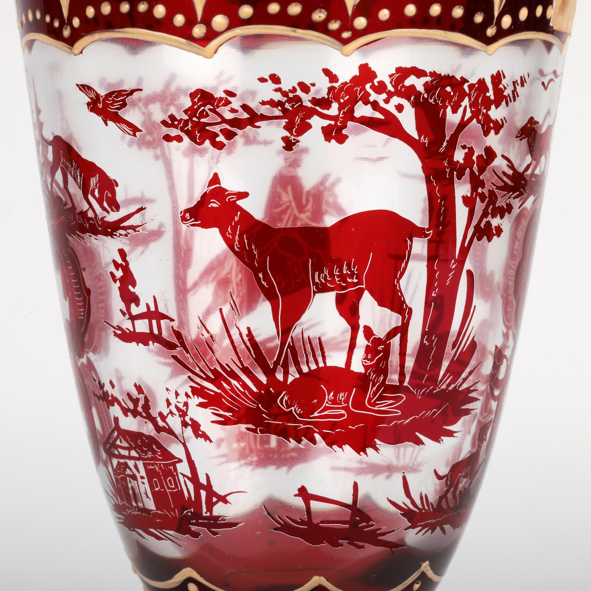 Carl Günther Bohemian Ruby Flash Glass Goblet with Hunting Scenes For Sale 7