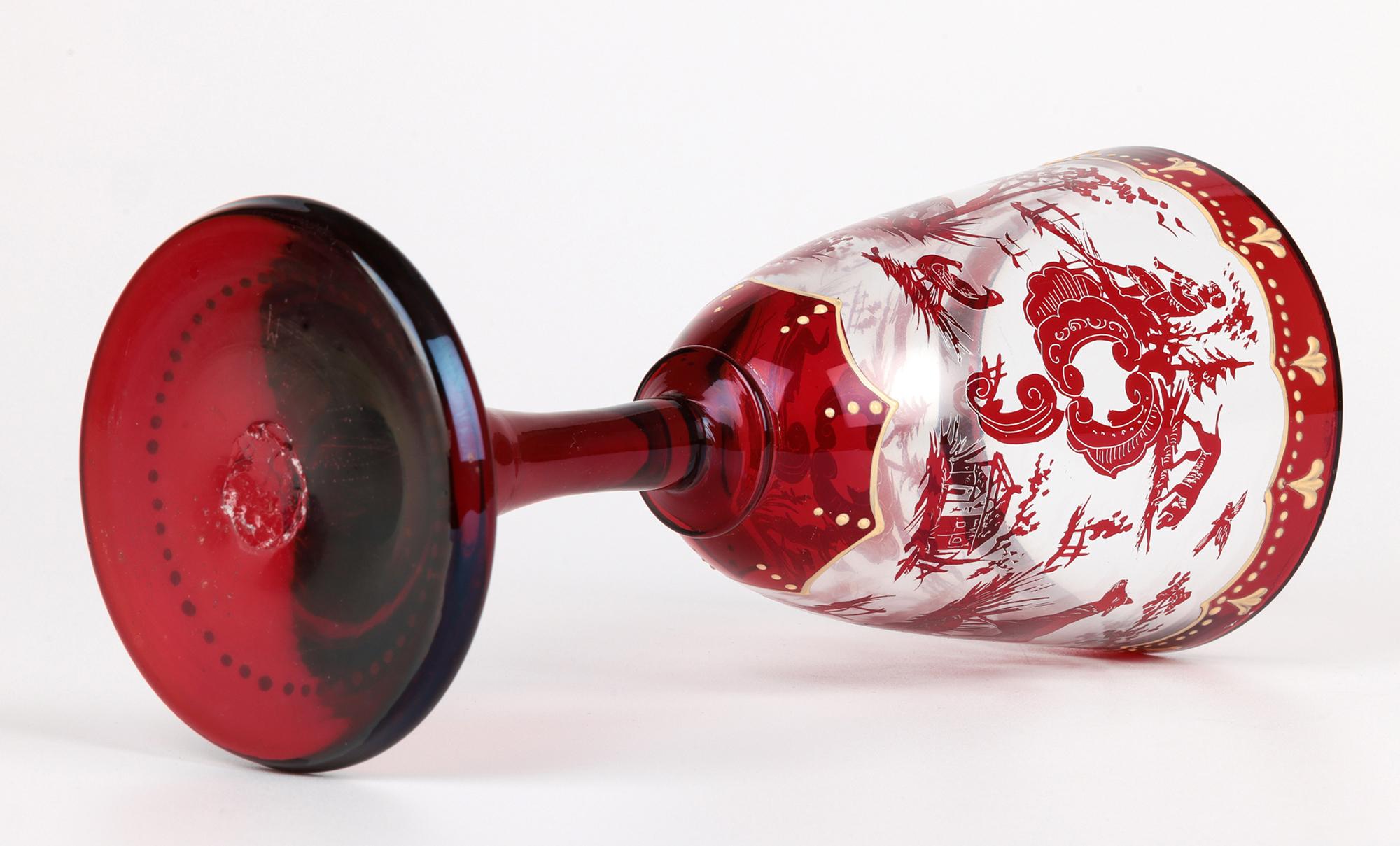 Carl Günther Bohemian Ruby Flash Glass Goblet with Hunting Scenes For Sale 5