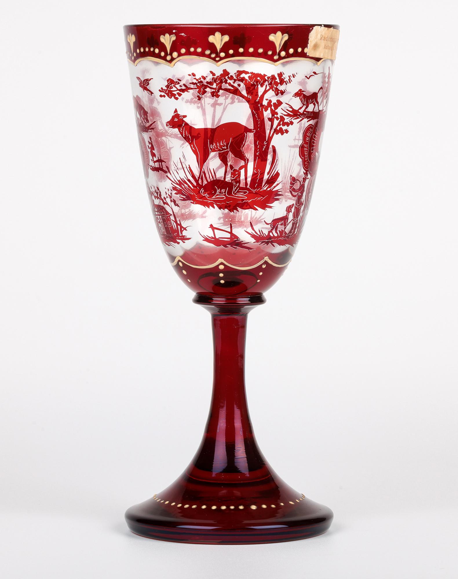 Carl Günther Bohemian Ruby Flash Glass Goblet with Hunting Scenes For Sale 4