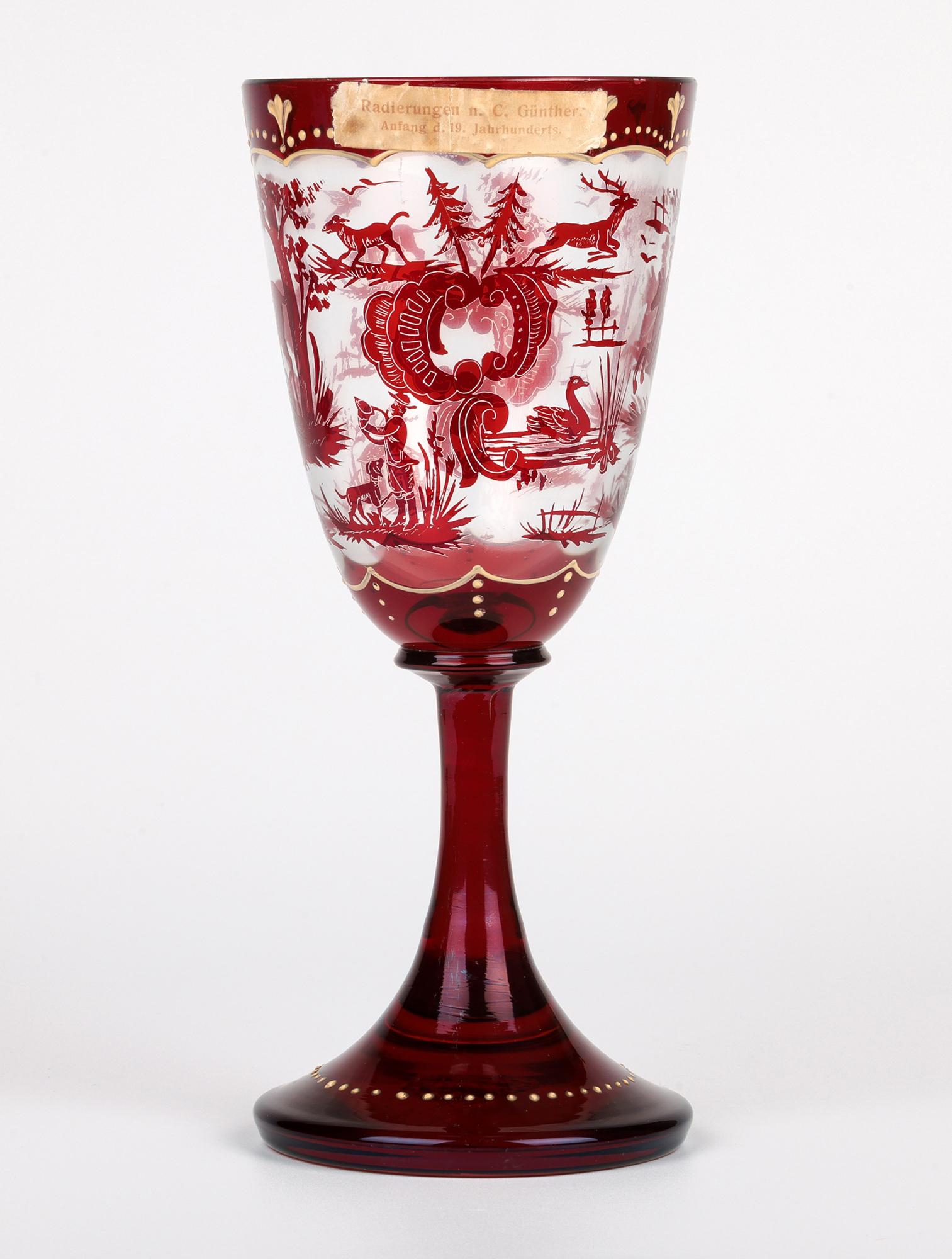 Carl Günther Bohemian Ruby Flash Glass Goblet with Hunting Scenes For Sale 12