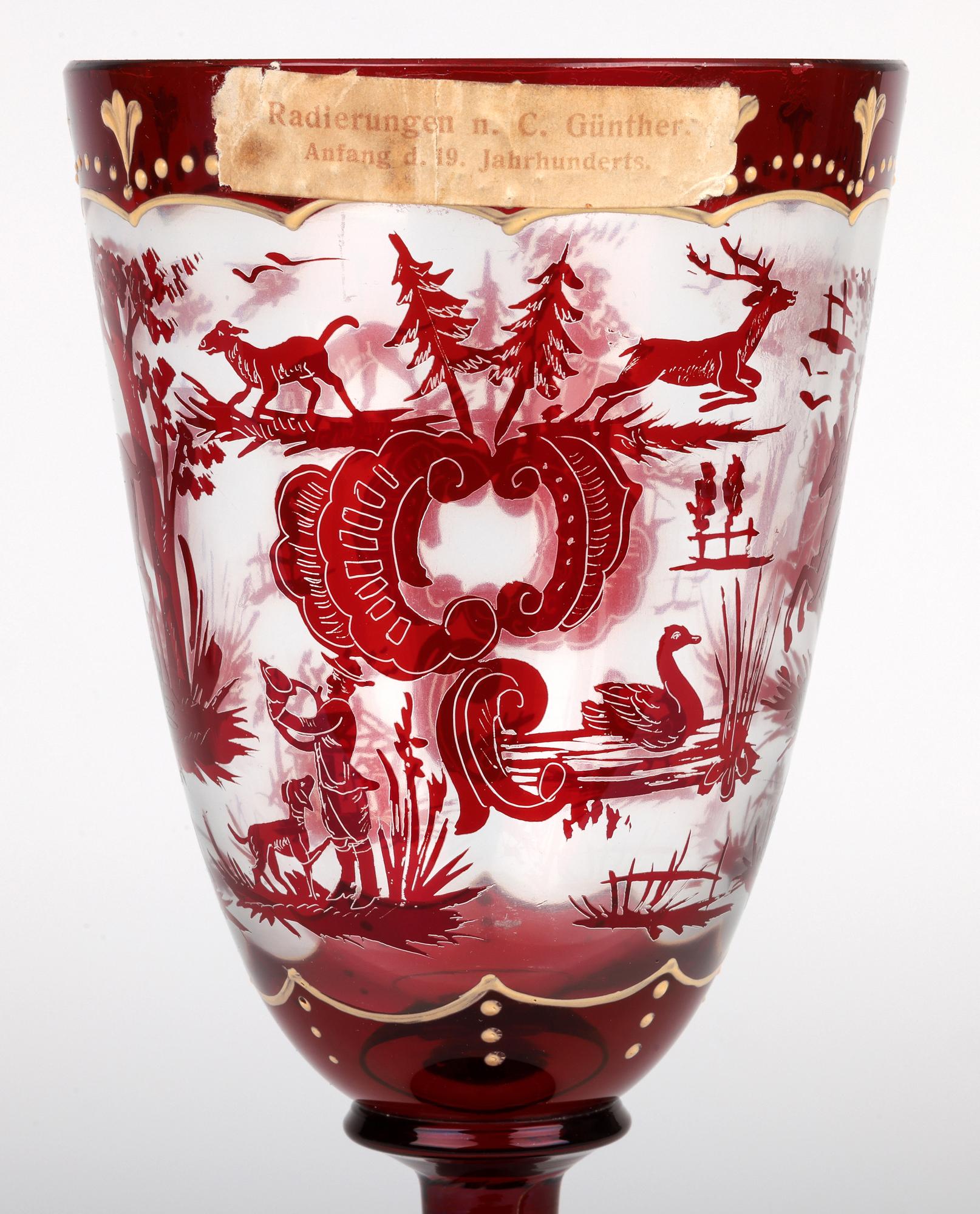 Carl Günther Bohemian Ruby Flash Glass Goblet with Hunting Scenes For Sale 10