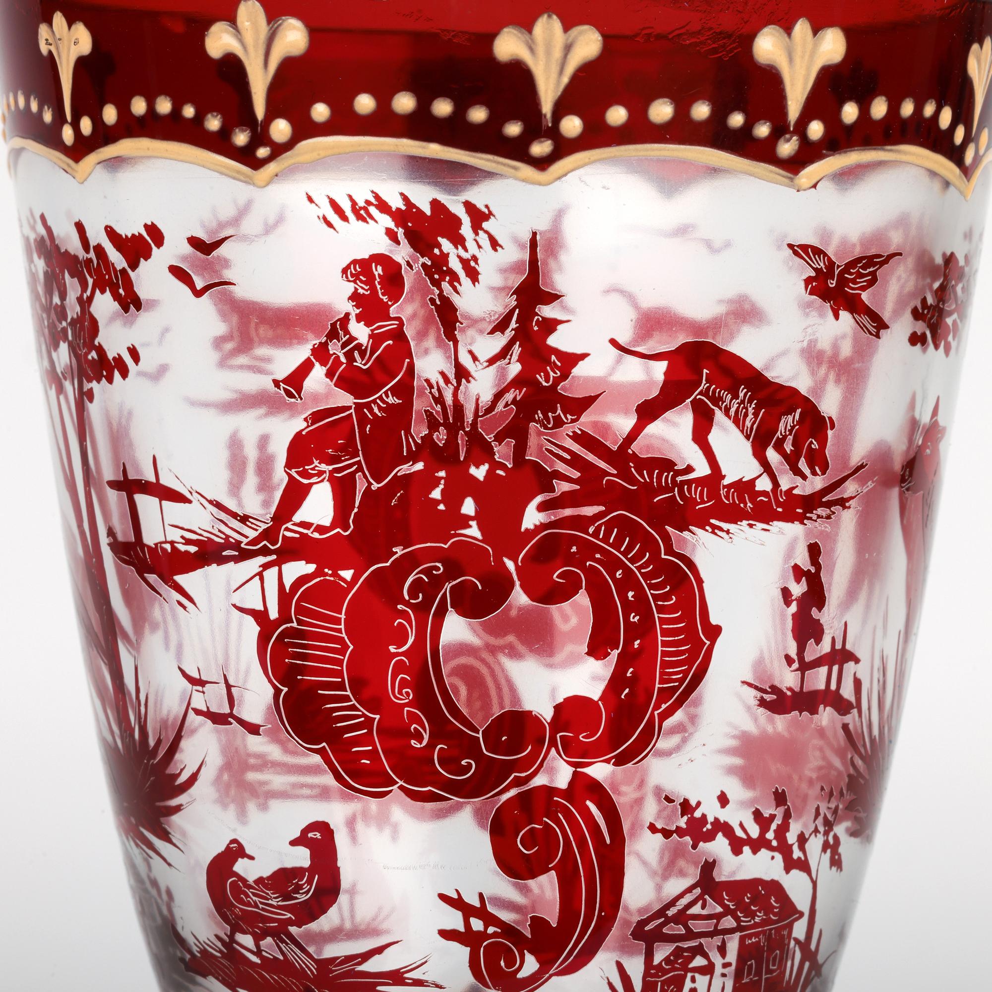 Carl Günther Bohemian Ruby Flash Glass Goblet with Hunting Scenes For Sale 11