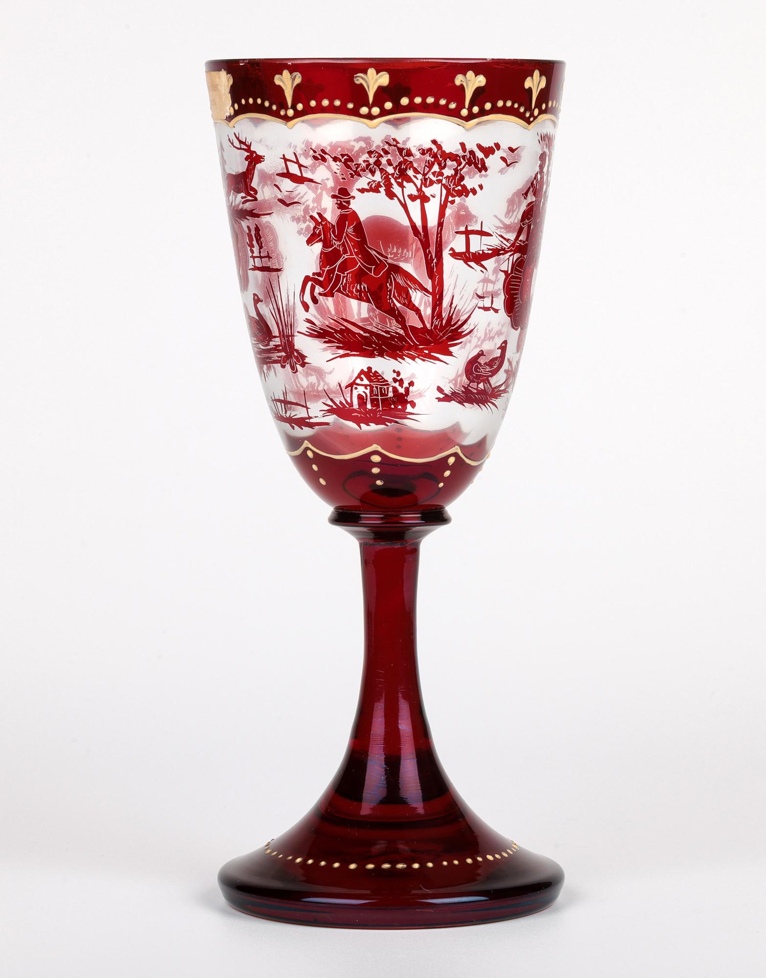 Carl Günther Bohemian Ruby Flash Glass Goblet with Hunting Scenes For Sale 8