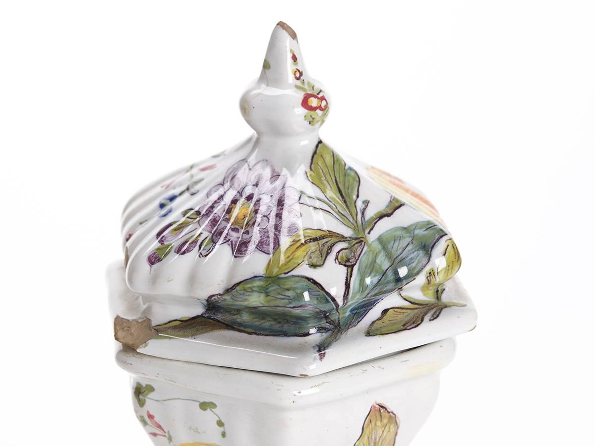 19th Century Antique Italian Le Nove Floral Painted Faience Earthenware Lidded Jar, 19th C For Sale