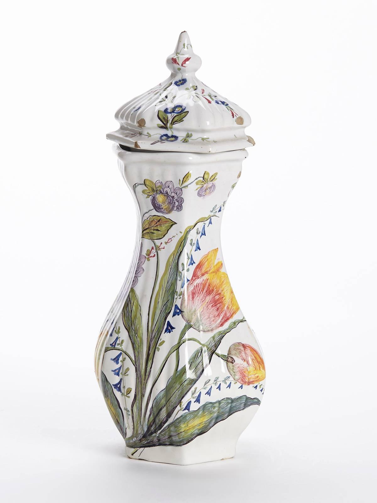 Hand-Painted Antique Italian Le Nove Floral Painted Faience Earthenware Lidded Jar, 19th C For Sale