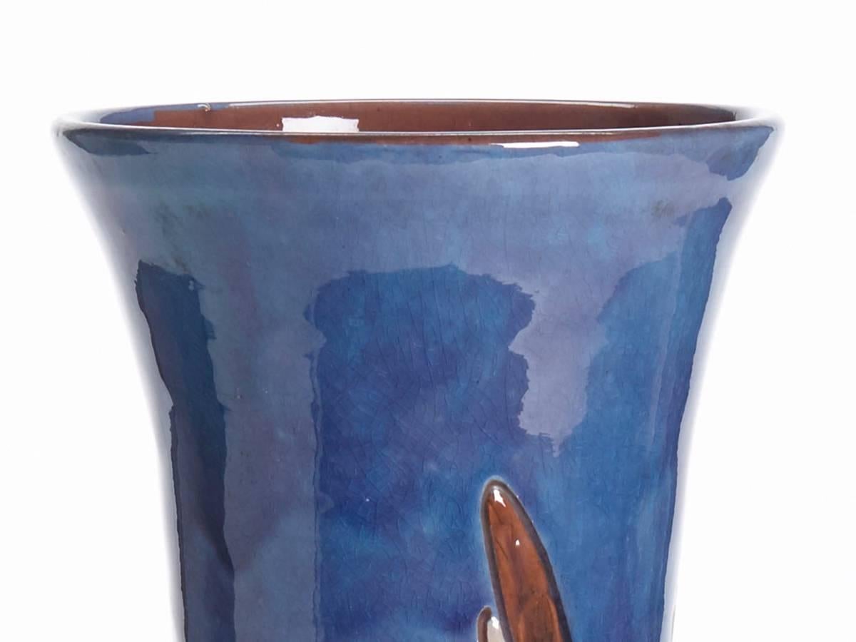 English William Baron Blue Art Pottery Bird Trumpet Vase, circa 1900