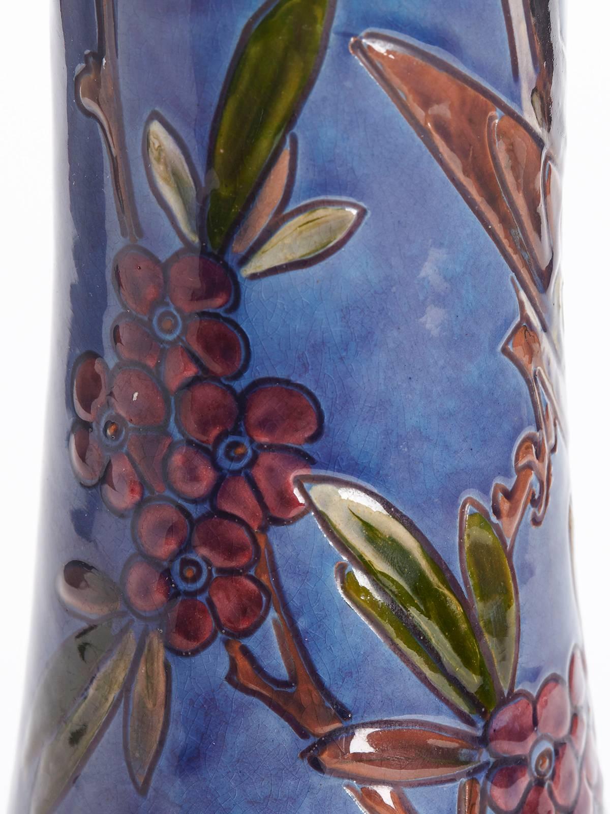 Early 20th Century William Baron Blue Art Pottery Bird Trumpet Vase, circa 1900