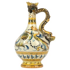 Cantagalli Urbino Style Italian Maiolica Hand Painted Handled Jug